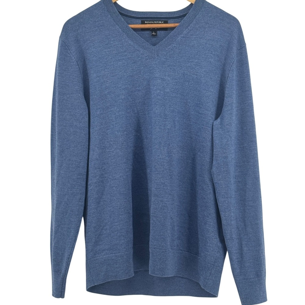 Banana Republic Men Italian Merino Wool V-Neck Sweater Blue Baruffa Large Preppy